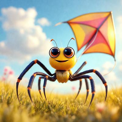 The primary subject of the image is a yellow and black spider with a smiling face. The setting is a grassy field with a blue sky in the background. The visual style is a digital art or illustration, creating a whimsical and playful atmosphere. The colors and mood are predominantly yellow and blue, with the spider's smiling face adding a sense of joy and warmth to the scene.